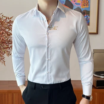Британское Повседневное Тонкое платье-рубашка Camisa Masculina, социальная рубашка с вышитыми лацканами, Осенняя Мужская Простая Мужская рубашка с длинным рукавом
