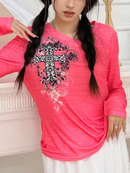 Женские осенние повседневные готические топы, Розовая свободная футболка с винтажным перекрестным рисунком с длинным рукавом
