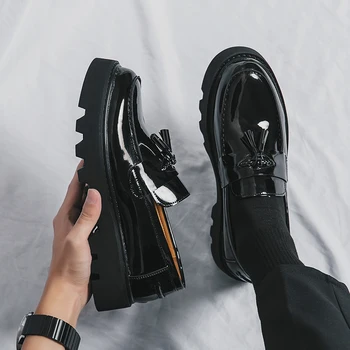 Модная брендовая мужская обувь Lefu на толстой подошве, Классические черные удобные кожаные туфли с заостренным носком, Мужские деловые кожаные туфли с кисточками