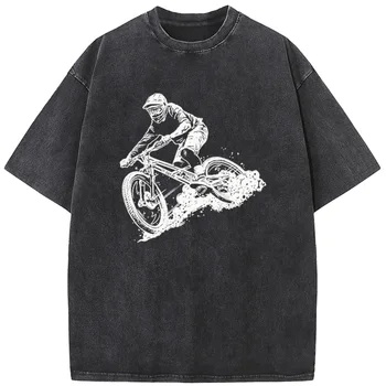 Мужская футболка с принтом для езды на велосипеде, 230 г Хлопковая футболка с круглым вырезом, выстиранная, Новинка, повседневная свободная футболка с отбеливателем