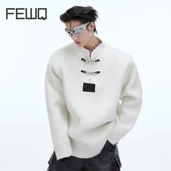 Мужской свитер FEWQ с круглым вырезом, утолщенный Нишевый дизайн, свитера с металлической пряжкой, Вязаный Свободный топ 2023, Зимний мужской 9C3786